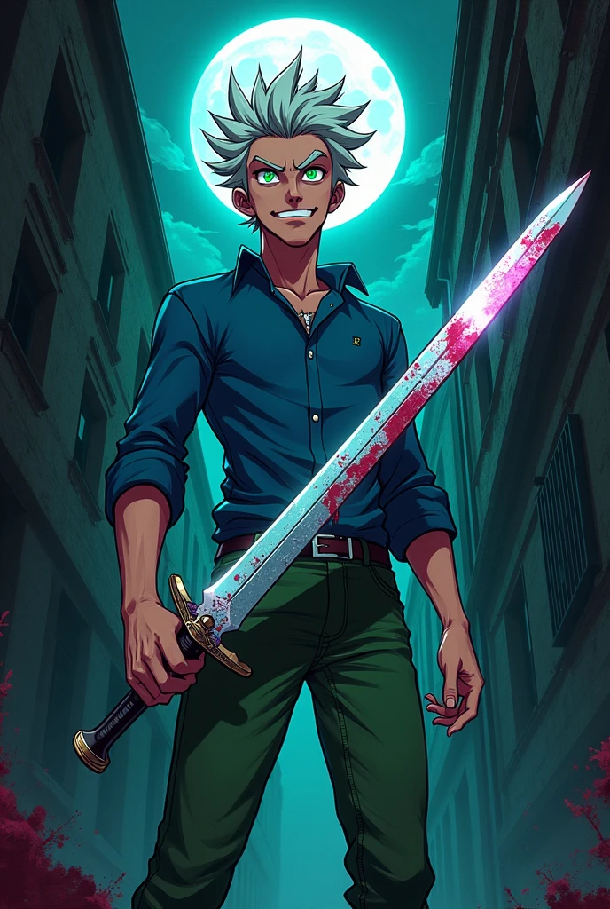 Create an anime-style man,with spiky white hair over bright green eyes, psychopath smile, blue shirt and green pants,holding a diamond sword, with blood on the sword