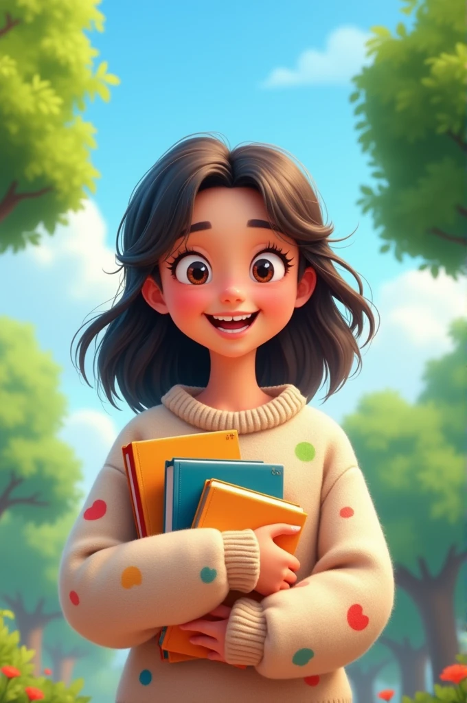a 20 years old animated girl holdind books with a phrase ' Study with Breeze ', behind the girl, everything in a square frame