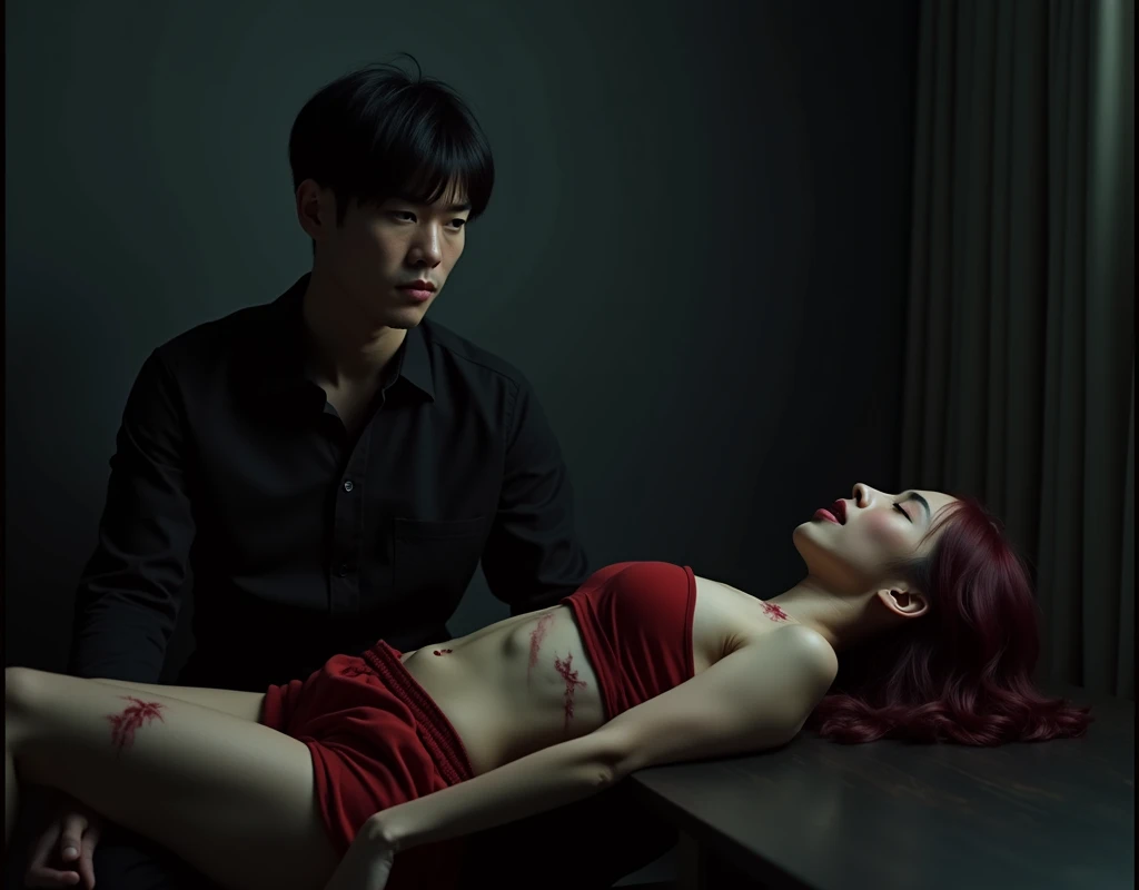 190 cm tall, 27-year-old man, black bowl cut, side-swept bangs, Chinese-Korean-Japanese features, black shirt, business vest, black pants, sitting on floor next to low dark wood table, intense expression, wiping blood off lips, looking at 24-year-old shorter Caucasian woman with pained expression, lying supine on table with deep bite wound in rib cage, vibrant maroon side-parted wavy medium-length hair, light skin, red midriff top, matching shorts, minimalistic black and grey bedroom, dark lighting, photorealistic, cinematic.