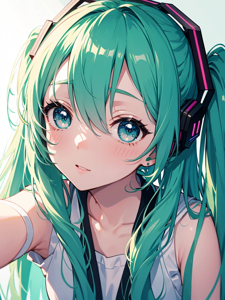 Hatsune Miku taking a selfie, front-facing camera view, close-up portrait, bedroom at backgroung, green wallpapers, white bed