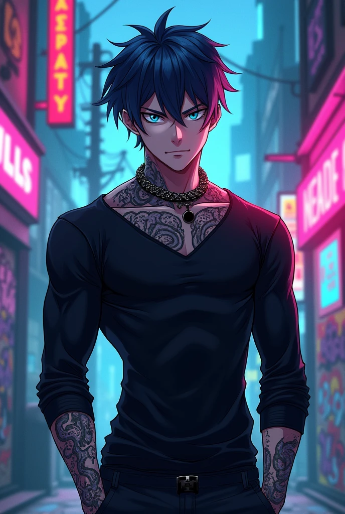 Handsome guy with blue eyes, strong white with tattoos on the neck, black long-sleeved shirt, anime