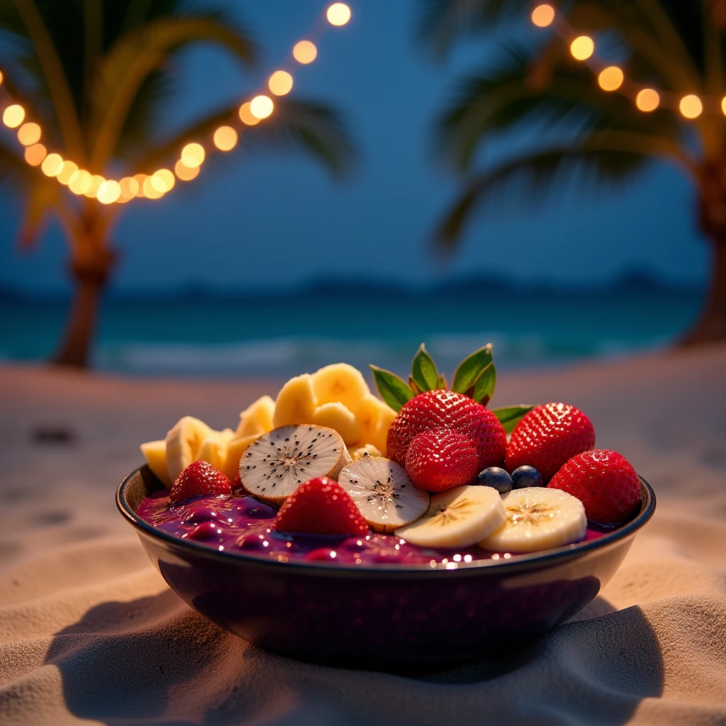 (Maximum quality、8k、work of art), Açai bowl, beach at night, lights.