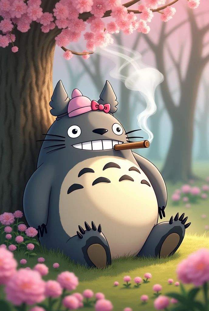 Totoro with pink colors smoking a blunt with a hello kitty bow