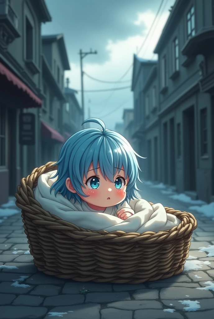 Anime style, baby girl, blue short wavy hair, light blue eyes, abandonned in basket, sad, crying, wrapped in white cloth