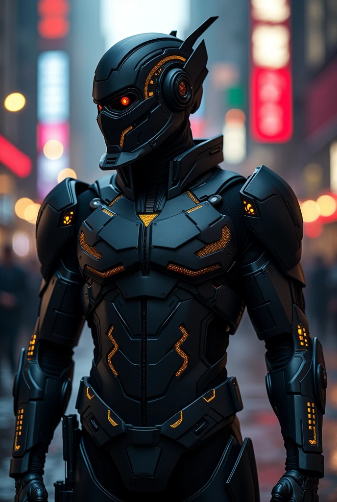 A figure with high-tech armor that enhances his physical abilities and provides advanced protection. His costume is black with dark, metallic accents and is equipped with various technological features. His mask, often equipped with a heads-up display (HUD), obscures his identity and enhances his vision.