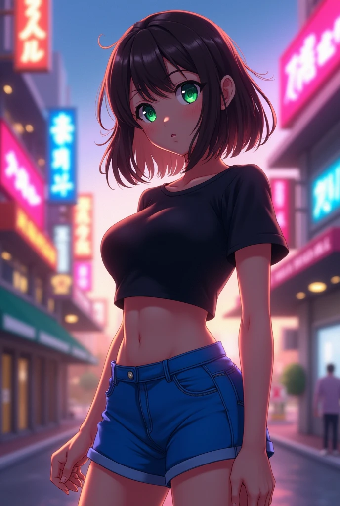 Female anime character with dark brown hair, black shirt, and blue shorts