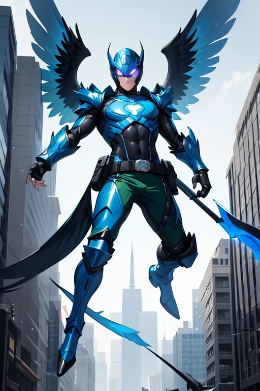 ((best quality)), ((masterpiece)), (detailed), 1 male, full body, 25 years old, blue head, uncovered mouth, blue biker helmet, black beak, black neck, tall, thin, metallic wings, 2 wings on his suit, black fingerless gloves, blue wrist guards, luminous blue wings that shoot lasers, blue suit that resembles light armor, blue suit with an emblem, completely green chest, emblem on his chest, green pants, deployable bird tail, grey knee pads, metallic grey boots, metallic bird claws, black superhero belt, flying around the city, high noon city background, anime