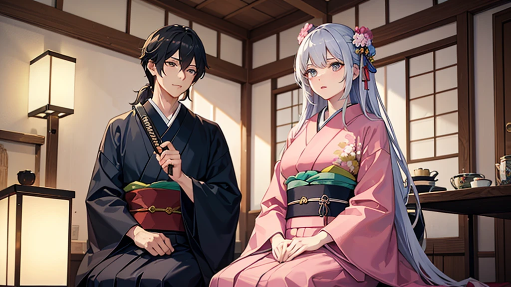 man wearing Japanese traditional black/ light blue cloths , silver long hair , honey color eyes , tall 192cm , strong body , dark black and blue katana , sitting intron of his lovely wife , wife is wearing pink kimono with lovely flowers patrons on it , she have soft skin , soft pink lips , setting in traditional Japanese house . ultra high quality , 8k , sharp