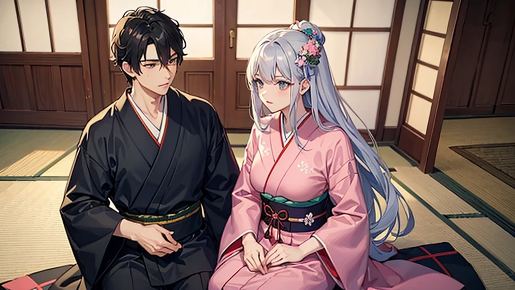 man wearing Japanese traditional black/ light blue cloths , silver long hair , honey color eyes , tall 192cm , strong body , dark black and blue katana , sitting intron of his lovely wife , wife is wearing pink kimono with lovely flowers patrons on it , she have soft skin , soft pink lips , setting in traditional Japanese house . ultra high quality , 8k , sharp
