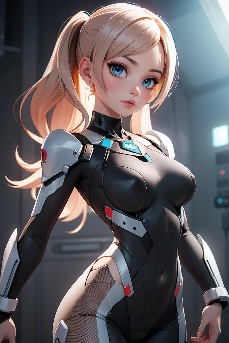 Generate a 3D model of a female character with a modern and sleek anime-inspired design. The character should be in a T-pose with detailed mesh modeling, ready for animation or rigging. Focus on realistic proportions but with an exaggerated, stylized touch typical of anime. The character should have a defined hourglass figure, with an outfit that is both futuristic and form-fitting, like a ???????? or advanced armor that highlights her curves. Include detailed facial features with large, expressive eyes and a complex hairstyle, possibly long and flowing. The overall aesthetic should be clean, sharp, and visually captivating, suitable for use in high-quality 3D animations or games.