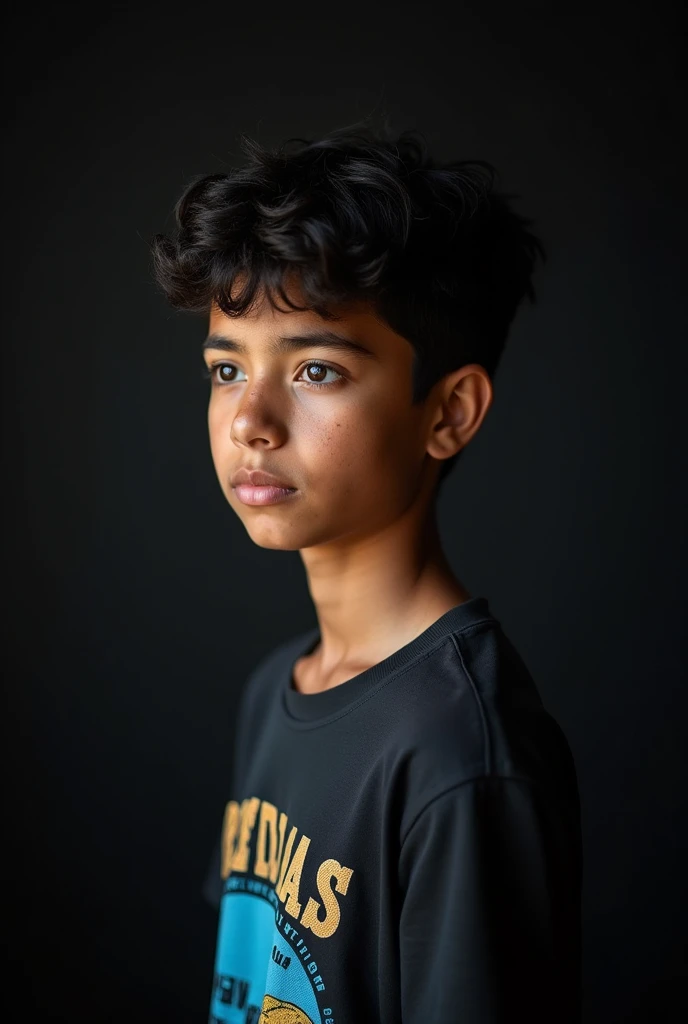 A 15-year-old Mexican male teenager looking slightly to the left, turned and with a dark background.