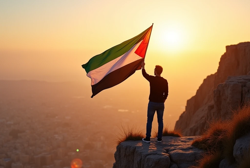 Create a scene at sunrise on a high mountain cliff with a person holding the Yemeni flag proudly aloft. The individual should be dressed in modern casual attire, standing confidently on a rocky outcrop overlooking a vast city below, enveloped in golden morning light. The city should appear distant and slightly hazy, with the light casting long shadows on the rugged terrain. The sky is vibrant, with soft orange and pink hues blending into the horizon. Ensure the flag billows dramatically in the wind, capturing the sense of pride and freedom. Add natural details like dry grass and small plants along the cliff's edge for a more realistic touch