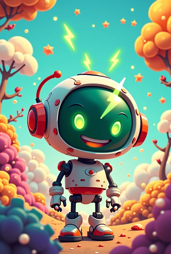 Cartoon round robot head with green lightning bolt eyes smiling