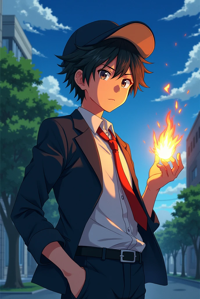 Side view of  school boy anime art holding fire on his hand 