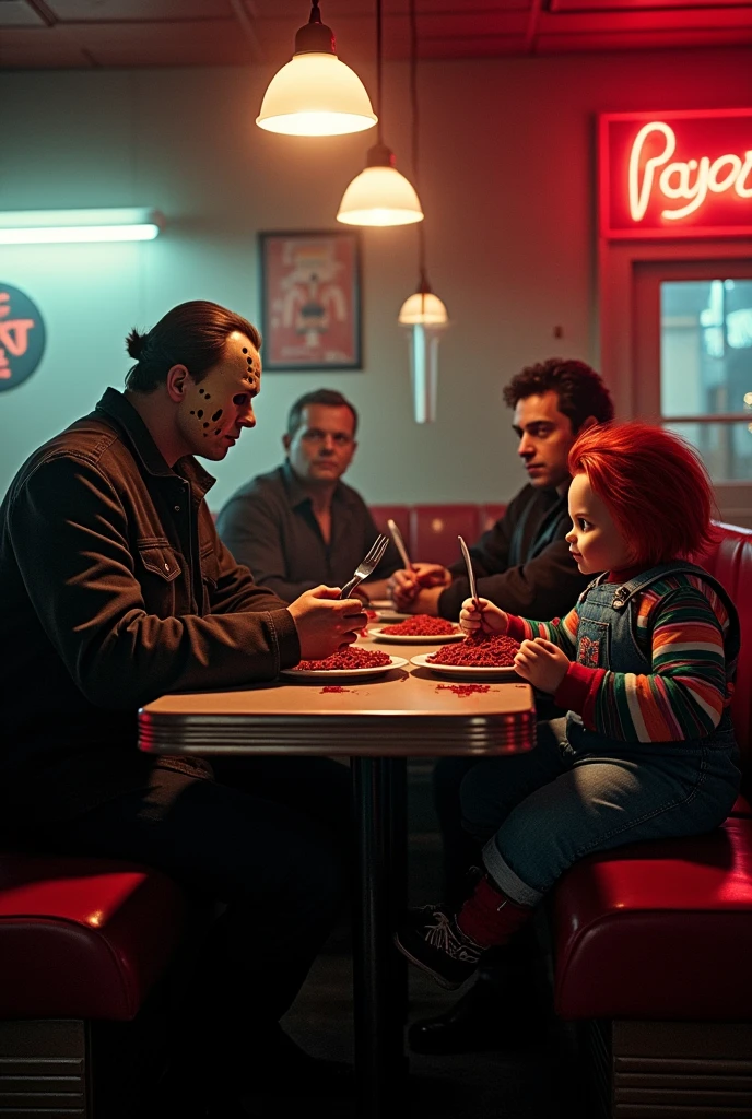 Jason Vorhees sitting with Michael Myers & Chucky from Childs play eating food
