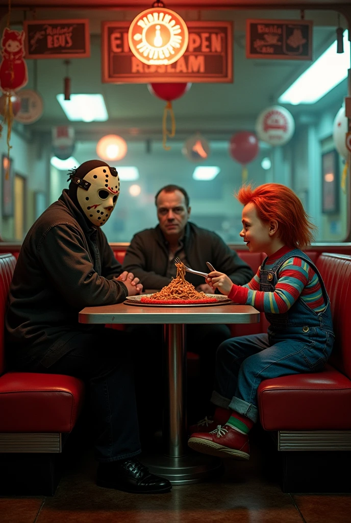 Jason Vorhees sitting with Michael Myers & Chucky from Childs play eating food