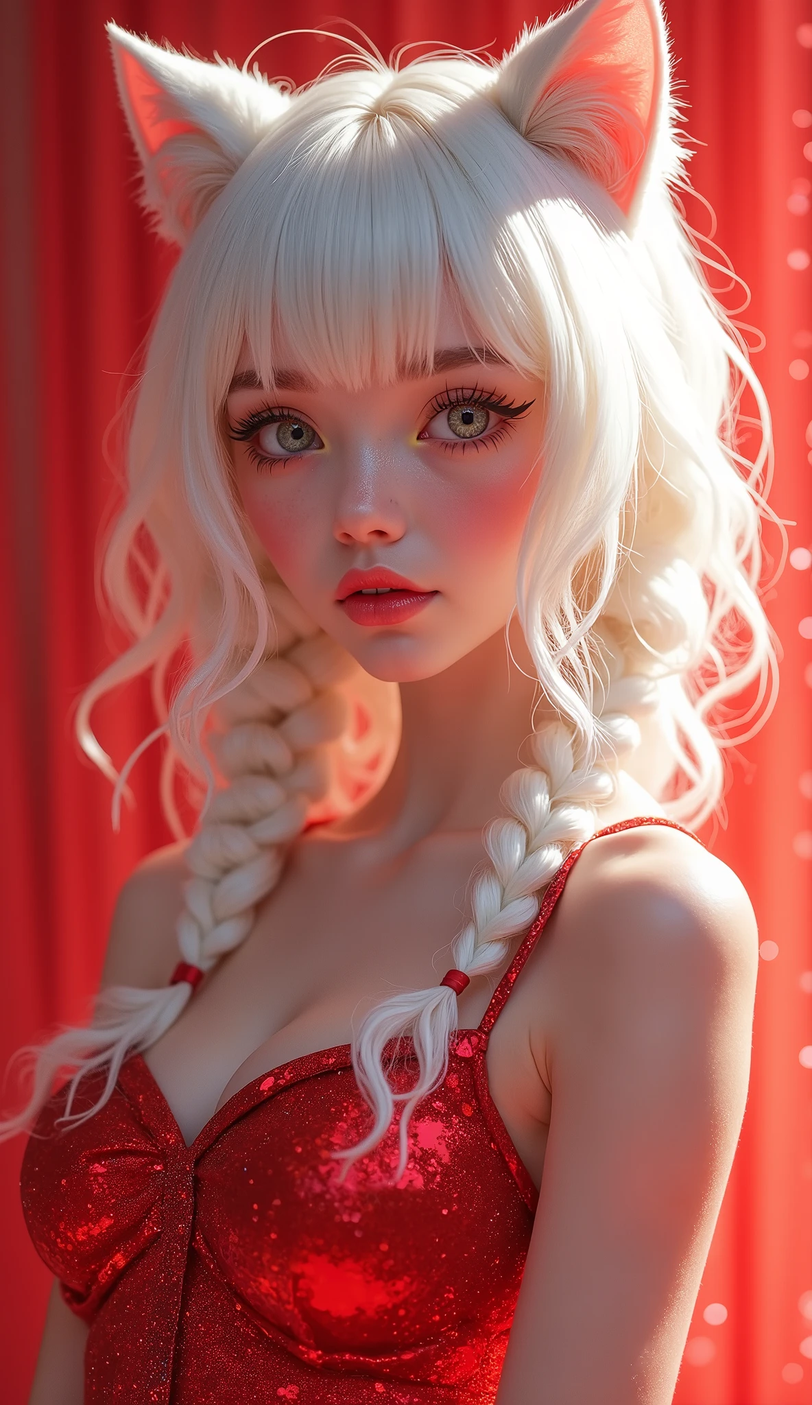 (masterpiece, Best Quality), intricate details, realist, photorealist, Full Body Portrait, Instagram Photo of a woman wearing aretes, Mary R., inspired by Emma Andijewska, wrapped in crystals,(masterpiece:1.3), (Best Quality:1.3), (Ultra-detailed:1.2), ((kawaii)), Cute, (lovely), ((sexy)), ((Extremely detailed)), 4K, (8K), Best Quality, (Beautiful), Illustration, anime style, (bold line:1.2), Gradation,(best quality, ultra-detailed, photorealistic: 1.39), bright and vibrant colors, studio lighting, (Perfect eyes:1.2), (Perfect iris:1.2), romantic kawaii expression, cute delicate smile, kawaii makeup, 17-year-old e-girl, short red dress, platinum braided and curl white hair, cat ears, big breasts, fit, long wavy hair, mercenary, Mary R.