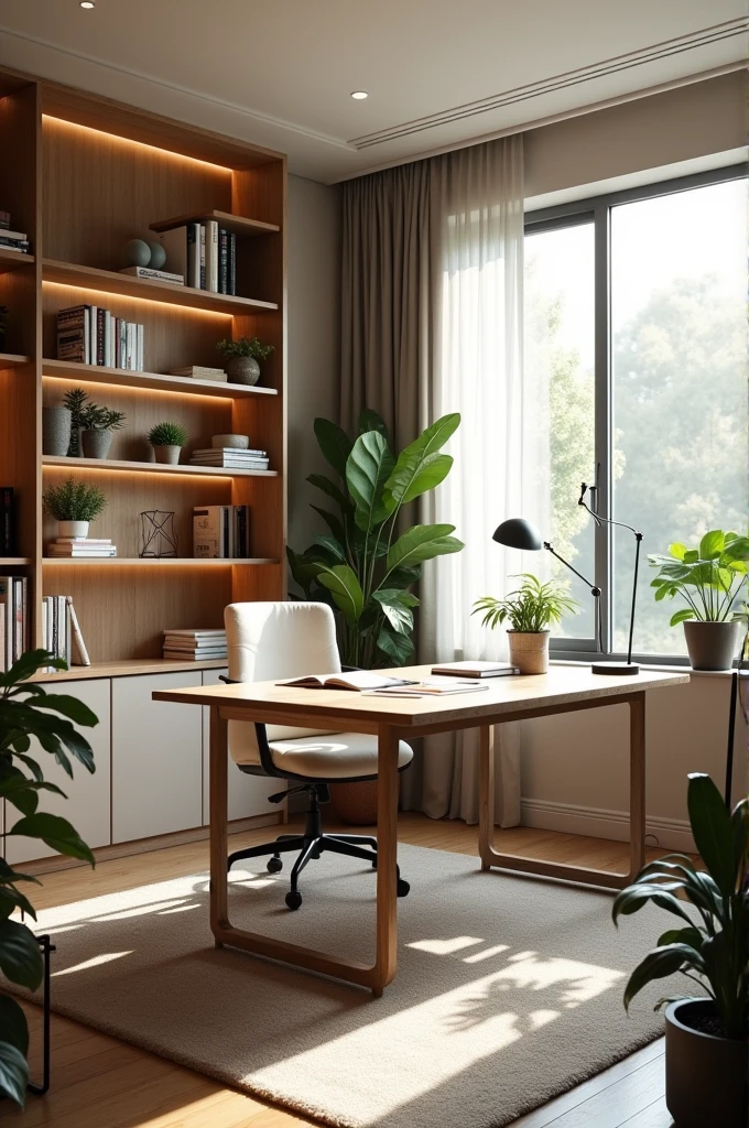 A stylish and modern office room with a minimalist design. The room features a large, sleek wooden desk with a comfortable ergonomic chair. The walls are painted in a neutral tone, with a large window allowing natural light to flood in, balanced by soft, warm lighting from a designer floor lamp. On one side, there are built-in shelves with neatly organized books and decor items, while a few plants add a touch of greenery and freshness. The overall atmosphere is professional, clean, and inviting, perfect for productivity."
