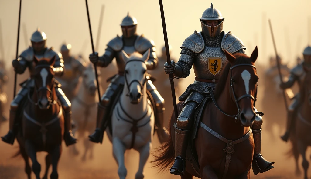 A highly realistic, high-contrast, 8K HD, detailed, hyper-detailed image of medieval knights advancing on horseback towards the enemy, weapons in hand. The knights, clad in steel armor with lion emblems on their tunics and armor, and helmets fully covering their faces, ride powerful warhorses as they charge forward in formation. Each knight holds a sword or lance, ready for battle, and their armor gleams in the light as they lead the attack. The horses are strong and determined, matching the resolve of the knights who ride them. The atmosphere is intense and filled with anticipation, capturing the unity and power of the knights as they advance toward the enemy. The image is of the highest quality, with ultra-high resolution, RAW photo quality, and Unreal Engine rendering, showcasing the formidable sight of the knights and their warhorses as they charge with purpose, with the lion emblem prominently displayed on their armor.
