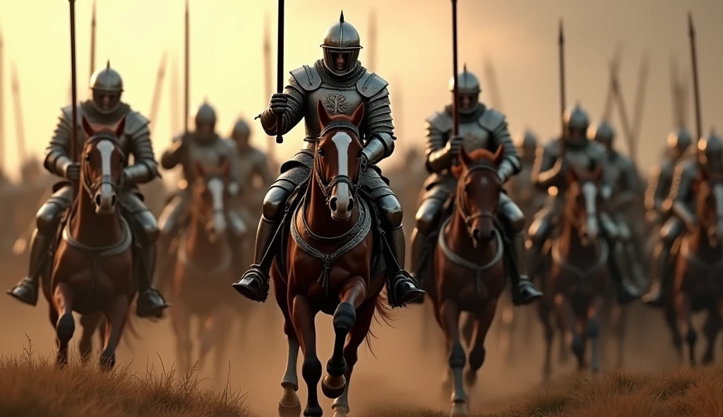 A highly realistic, high-contrast, 8K HD, detailed, hyper-detailed image of medieval knights advancing on horseback towards the enemy, weapons in hand. The knights, clad in steel armor with lion emblems on their tunics and armor, and helmets fully covering their faces, ride powerful warhorses as they charge forward in formation. Each knight holds a sword or lance, ready for battle, and their armor gleams in the light as they lead the attack. The horses are strong and determined, matching the resolve of the knights who ride them. The atmosphere is intense and filled with anticipation, capturing the unity and power of the knights as they advance toward the enemy. The image is of the highest quality, with ultra-high resolution, RAW photo quality, and Unreal Engine rendering, showcasing the formidable sight of the knights and their warhorses as they charge with purpose, with the lion emblem prominently displayed on their armor.
