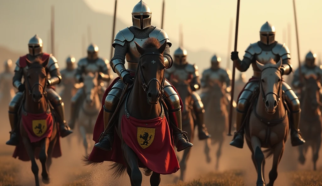 A highly realistic, high-contrast, 8K HD, detailed, hyper-detailed image of medieval knights advancing on horseback towards the enemy, weapons in hand. The knights, clad in steel armor with lion emblems on their tunics and armor, and helmets fully covering their faces, ride powerful warhorses as they charge forward in formation. Each knight holds a sword or lance, ready for battle, and their armor gleams in the light as they lead the attack. The horses are strong and determined, matching the resolve of the knights who ride them. The atmosphere is intense and filled with anticipation, capturing the unity and power of the knights as they advance toward the enemy. The image is of the highest quality, with ultra-high resolution, RAW photo quality, and Unreal Engine rendering, showcasing the formidable sight of the knights and their warhorses as they charge with purpose, with the lion emblem prominently displayed on their armor.