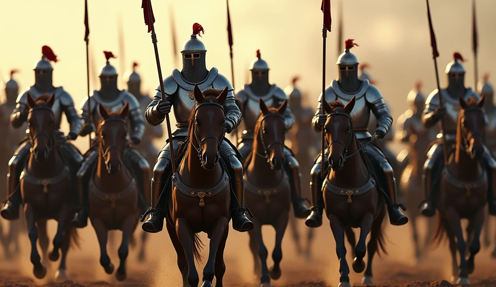 A highly realistic, high-contrast, 8K HD, detailed, hyper-detailed image of medieval knights advancing on horseback towards the enemy, weapons in hand. The knights, clad in steel armor with lion emblems on their tunics and armor, and helmets fully covering their faces, ride powerful warhorses as they charge forward in formation. Each knight holds a sword or lance, ready for battle, and their armor gleams in the light as they lead the attack. The horses are strong and determined, matching the resolve of the knights who ride them. The atmosphere is intense and filled with anticipation, capturing the unity and power of the knights as they advance toward the enemy. The image is of the highest quality, with ultra-high resolution, RAW photo quality, and Unreal Engine rendering, showcasing the formidable sight of the knights and their warhorses as they charge with purpose, with the lion emblem prominently displayed on their armor.
