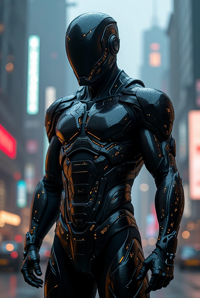 A figure with high-tech armor that enhances his physical abilities and provides advanced protection. His costume is black with dark, metallic accents and is equipped with various technological features. His mask, often equipped with a heads-up display (HUD), obscures his identity and enhances his vision.