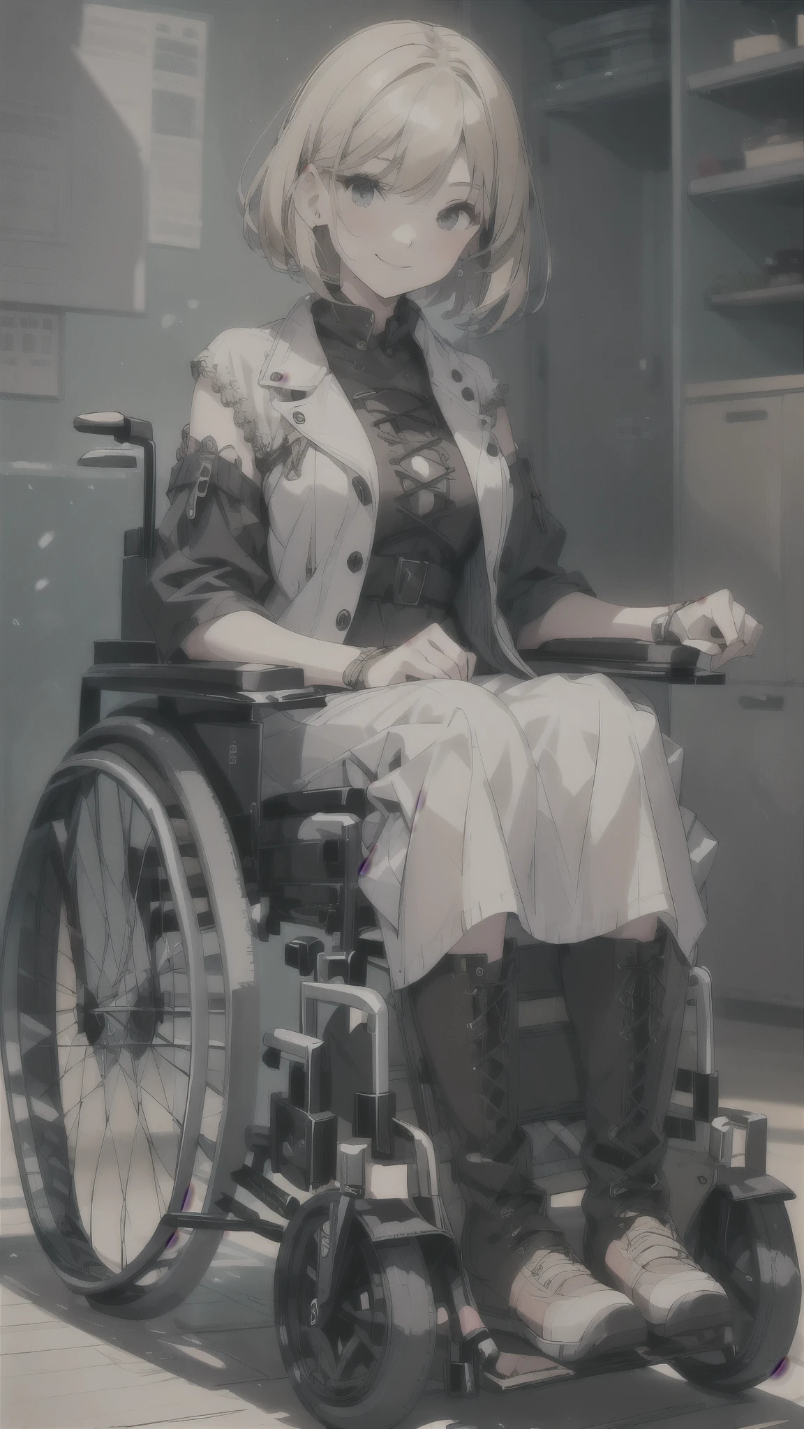 girl in wheelchair,smile,blonde short bob hair,maxi length dress,lace up long boots,