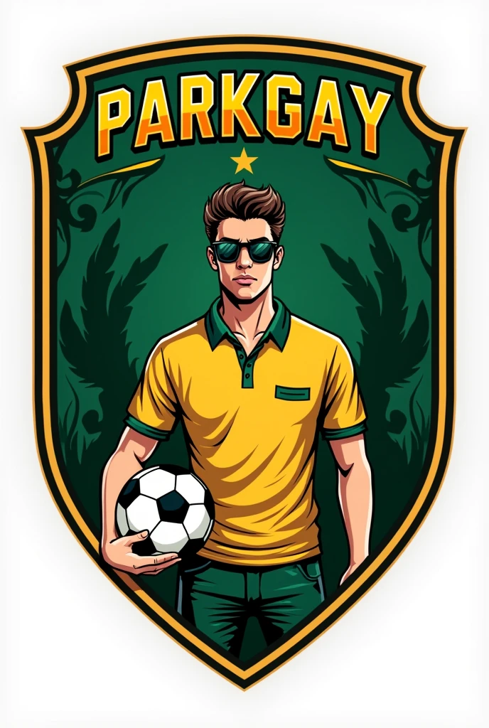A crest of a football team called parkgay, add a young man with polo shirt and sunglasses illustrated in the coat of arms, add “parkway” in writing add a soccer ball to the coat of arms