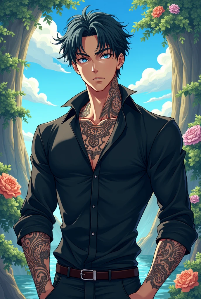 Handsome guy with blue eyes, strong white with tattoos on the neck, elegant black long-sleeved shirt, anime