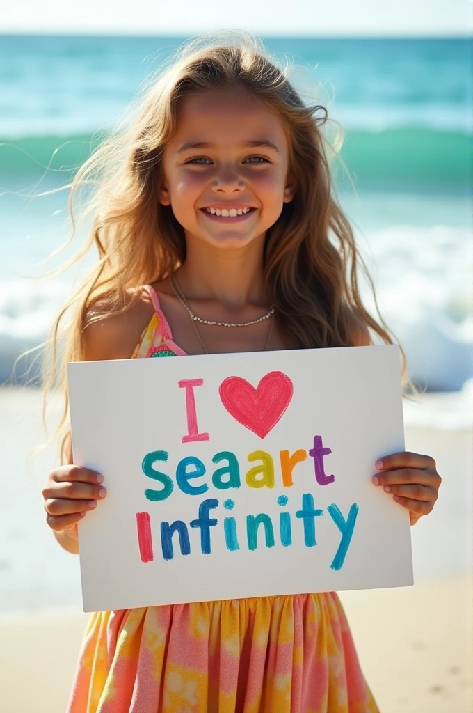 Beautiful girl with wavy long hair, bohemian dress, holding a white board with text "I Love Seaart Infinity" and showing it to the viewer