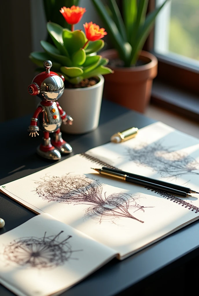 Sketches kept on a black table with a small flower pot kept in corner and a small statue of robot kept on table.