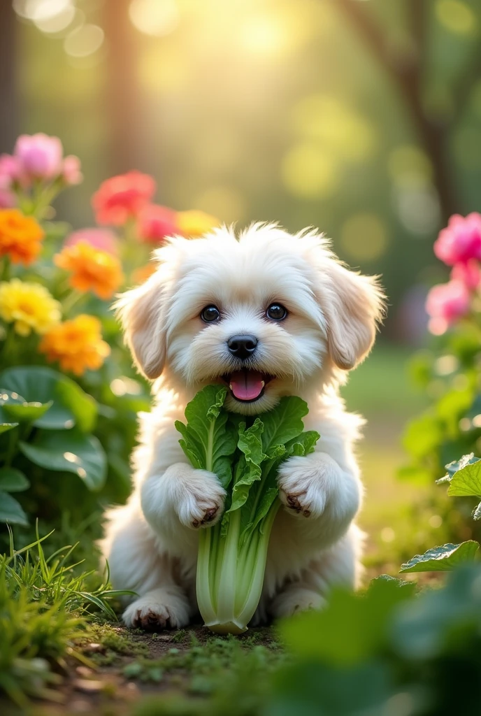 A white fluffy Shih Tzu puppy is eating green bok choy with its mouth in a realistic 8k UHD garden