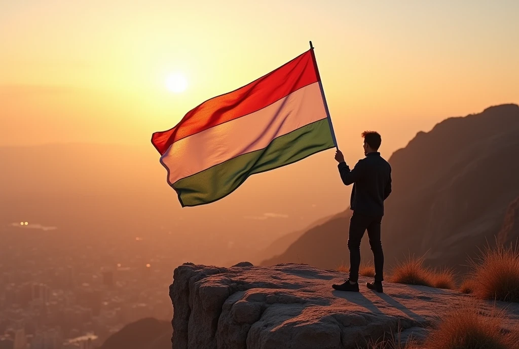 Create a scene at sunrise on a high mountain cliff with a person holding the Yemeni flag proudly aloft. The individual should be dressed in modern casual attire, standing confidently on a rocky outcrop overlooking a vast city below, enveloped in golden morning light. The city should appear distant and slightly hazy, with the light casting long shadows on the rugged terrain. The sky is vibrant, with soft orange and pink hues blending into the horizon. Ensure the flag billows dramatically in the wind, capturing the sense of pride and freedom. Add natural details like dry grass and small plants along the cliff's edge for a more realistic touch