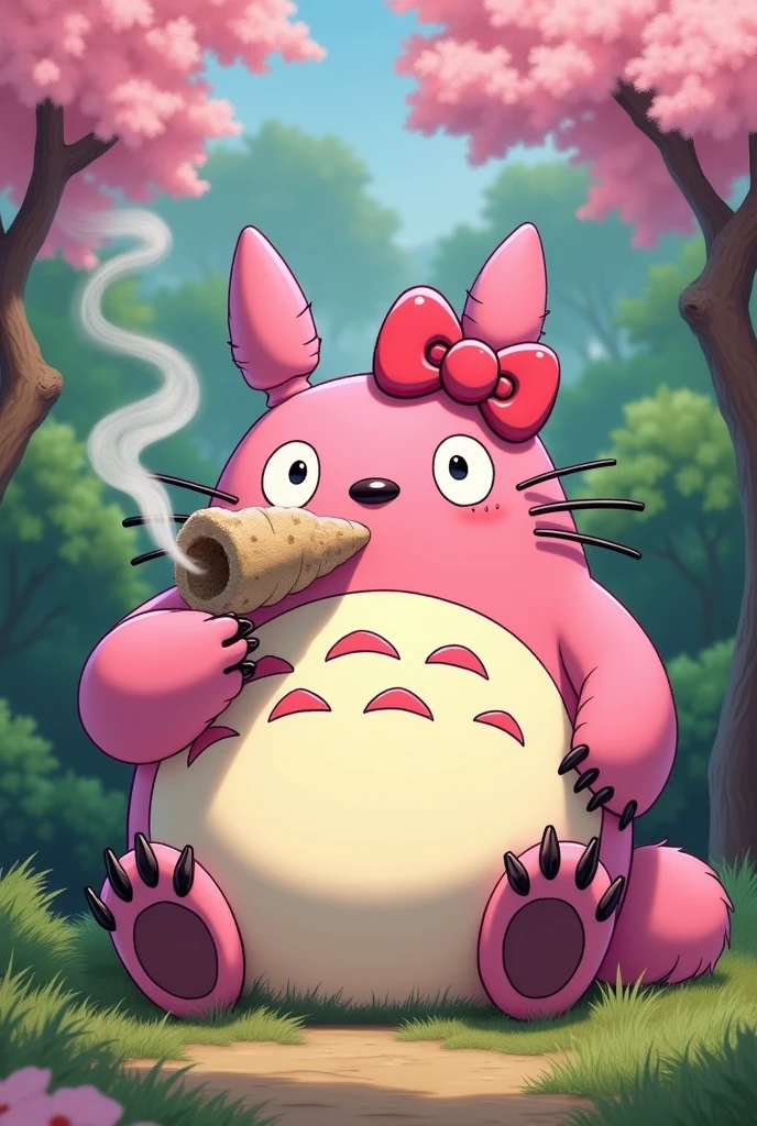Totoro with pink colors smoking a blunt with a hello kitty bow