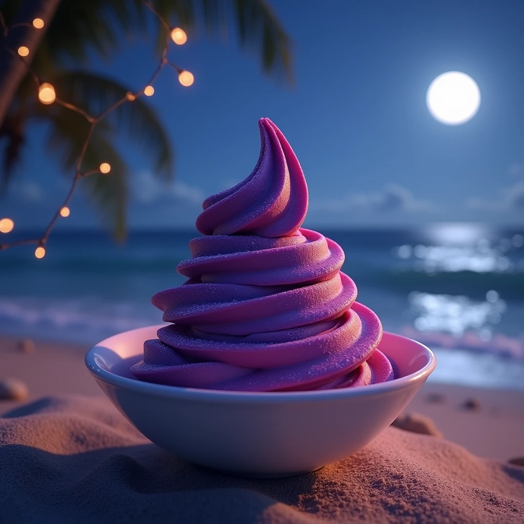 (Maximum quality、8k、work of art), Purple ice cream with acai in a bowl, beach at night, lights.