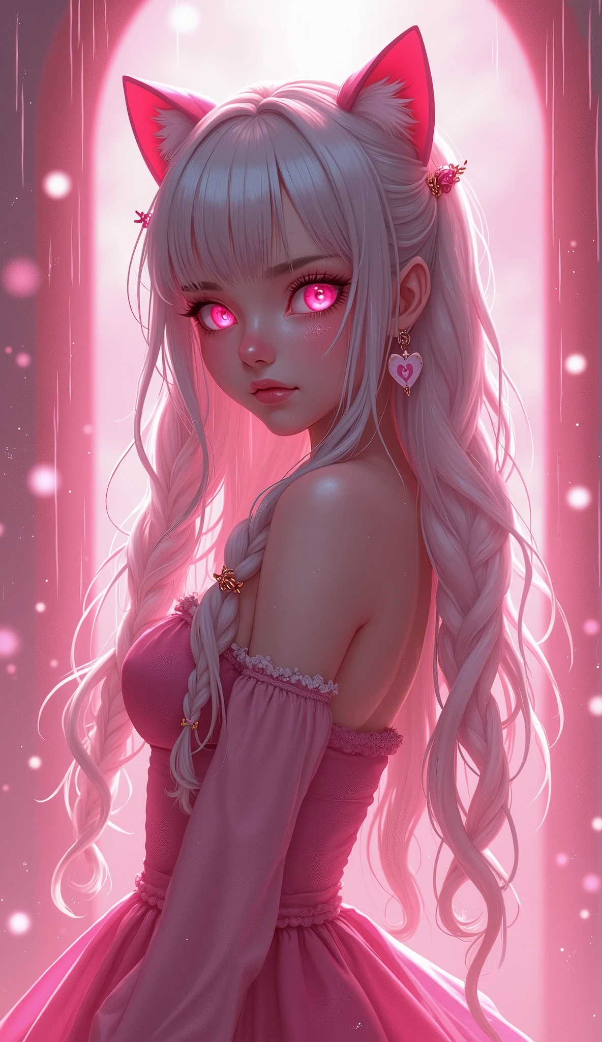 photorealistic,Realistic illustration in Modelshoot style,((masterpiece)),((The best quality)),((Ultra Quality)),((ultra detailed)),((1girl long white hair)),((Only)),((waifu:1.5)),Perfect anatomy,perfect hands,beautiful cuerpo,beautiful_method,ulzzang-6500-v1,e-chica,Exceptionally Beauty Waifu Princess Mary R., intricate details, realist, photorealist, Full Body Portrait, Instagram Photo of a woman wearing aretes, Mary R., inspired by Emma Andijewska, wrapped in crystals,(masterpiece:1.3), (Best Quality:1.3), (Ultra-detailed:1.2), ((kawaii)), Cute, (lovely), ((sexy)), ((Extremely detailed)), 4K, (8K), Best Quality, (Beautiful), Illustration, anime style, (bold line:1.2), Gradation,(best quality, ultra-detailed, photorealistic: 1.39), bright and vibrant colors, studio lighting, (Perfect eyes:1.2), (Perfect iris:1.2), romantic kawaii expression, cute delicate smile, kawaii makeup, 17-year-old e-girl, short red dress, platinum braided and curl white hair, cat ears, big breasts, fit, long wavy hair, mercenary, Mary R.,((bright-pink_eyes)),long wavy hair,hair clips,eyeliner,cute makeup,lipstick,Glossy lipstick,with a look of terror, worry and sadness,((eyes detallados perfectos)),rainy with fog outside,evening,pink theme,bioluminiscencia,light particles,((Extremely CG Unity 8K Wallpaper)),((cinematic lighting,Best quality lights)),intricate details,Suave,sharp focus,Extremely beautiful and aesthetic,Octane rendering,Full length portrait,damp skin,((Perfect detailed body)),
