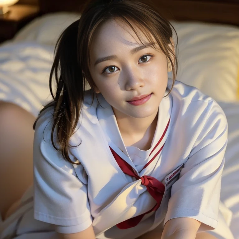 (Masterpiece, Best quality:1.4), (Ultra realistic, Photo-realistic:1.2), Natural light, 25 years old actress, Japanese women, Neat and clean, (school uniform, sailor suit, short sleeve suit:1.2), (Ponytail:1.2), Short wavy hair, Light brown hair color, (Beautiful Faces), Oval face, clear, (Beautiful eyes, Kind eyes), (Clear skin), Small face, (Small mouth), (Beautiful mouth), Natural makeup, Approachable, Luxury hotel Suite room, On bed, Seductive smile, (Seductive pose:1.2), (Beautiful thighs:1.1), (Bedroom eyes), (nsfw:1.1), (lesbian couple:1.1), (petting together:1.2), obscene reality of girls, (crotch rub:1.1),