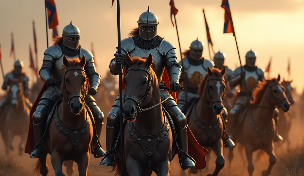 A highly realistic, high-contrast, 8K HD, detailed, hyper-detailed image of medieval knights advancing on horseback towards the enemy, weapons in hand. The knights, clad in steel armor with lion emblems on their tunics and armor, and helmets fully covering their faces, ride powerful warhorses as they charge forward in formation. Each knight holds a sword or lance, ready for battle, and their armor gleams in the light as they lead the attack. The horses are strong and determined, matching the resolve of the knights who ride them. The atmosphere is intense and filled with anticipation, capturing the unity and power of the knights as they advance toward the enemy. The image is of the highest quality, with ultra-high resolution, RAW photo quality, and Unreal Engine rendering, showcasing the formidable sight of the knights and their warhorses as they charge with purpose, with the lion emblem prominently displayed on their armor.