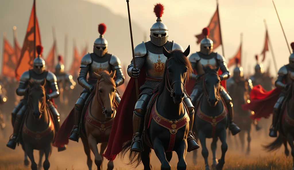 A highly realistic, high-contrast, 8K HD, detailed, hyper-detailed image of medieval knights advancing on horseback towards the enemy, weapons in hand. The knights, clad in steel armor with lion emblems on their tunics and armor, and helmets fully covering their faces, ride powerful warhorses as they charge forward in formation. Each knight holds a sword or lance, ready for battle, and their armor gleams in the light as they lead the attack. The horses are strong and determined, matching the resolve of the knights who ride them. The atmosphere is intense and filled with anticipation, capturing the unity and power of the knights as they advance toward the enemy. The image is of the highest quality, with ultra-high resolution, RAW photo quality, and Unreal Engine rendering, showcasing the formidable sight of the knights and their warhorses as they charge with purpose, with the lion emblem prominently displayed on their armor.