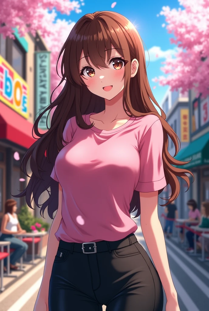 Female anime character with wavy brown hair, a pink shirt, and black pants