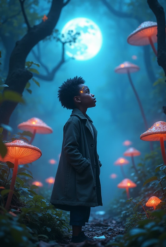 A young black boy whith a scar shaped as a star on his forehead In a witch world