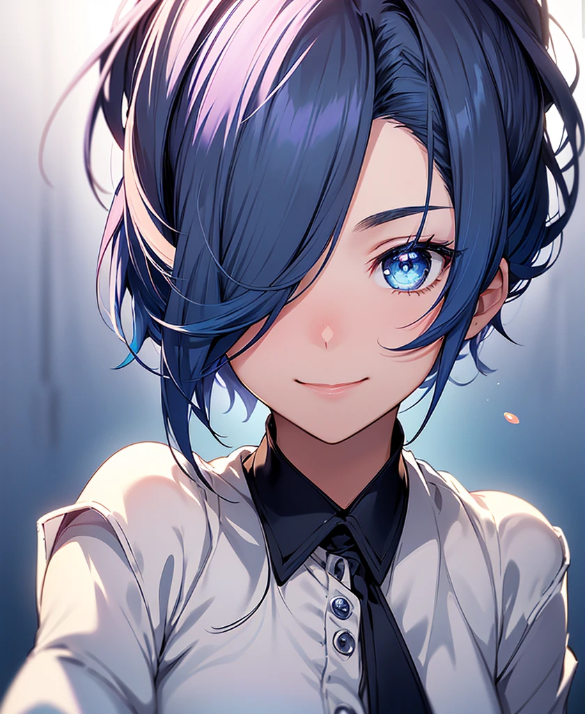 Realistic、One person、fluorescence Navy Blue Hair、blue eyes、(Eye focus:1.3,Face Focus:1.3,Upper Body:1.5),(Gradient Eye:1.3),(blouse)、smile,Laugh with your mouth wide open,(Happy:1.3),short hair、Cute Face,Portraiture,