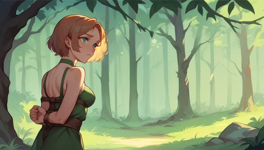 Princess imprisoned in forest. Tied hands behind back