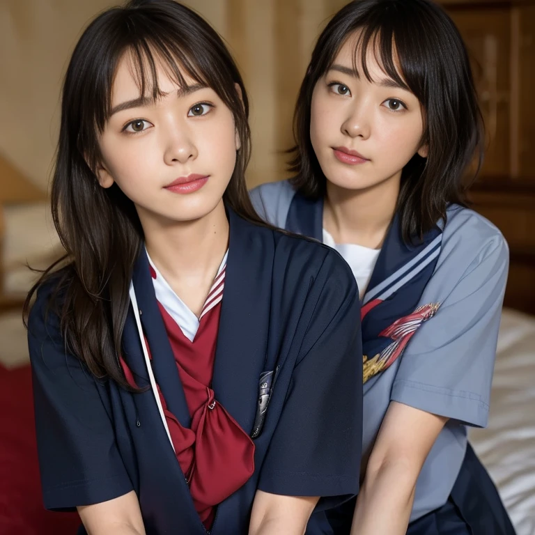 (Masterpiece, Best quality:1.4), (Ultra realistic, Photo-realistic:1.2), Natural light, 25 years old actress, Japanese women, Neat and clean, (school uniform, sailor suit, short sleeve suit:1.2), (traditional Japanese style with white and navy blue colors, detailed red ribbon and navy blue pleated skirt:1.1), (Ponytail:1.2), Short wavy hair, Light brown hair color, (Beautiful Faces), Oval face, clear, (Beautiful eyes, Kind eyes), (Clear skin), Small face, (Small mouth), (Beautiful mouth), Natural makeup, Approachable, Luxury hotel Suite room, On bed, Seductive smile, (Seductive pose:1.2), (Beautiful thighs:1.1), (Bedroom eyes), (nsfw:1.1), (lesbian couple:1.1), (petting together:1.2), obscene reality of girls, (crotch rub:1.1),