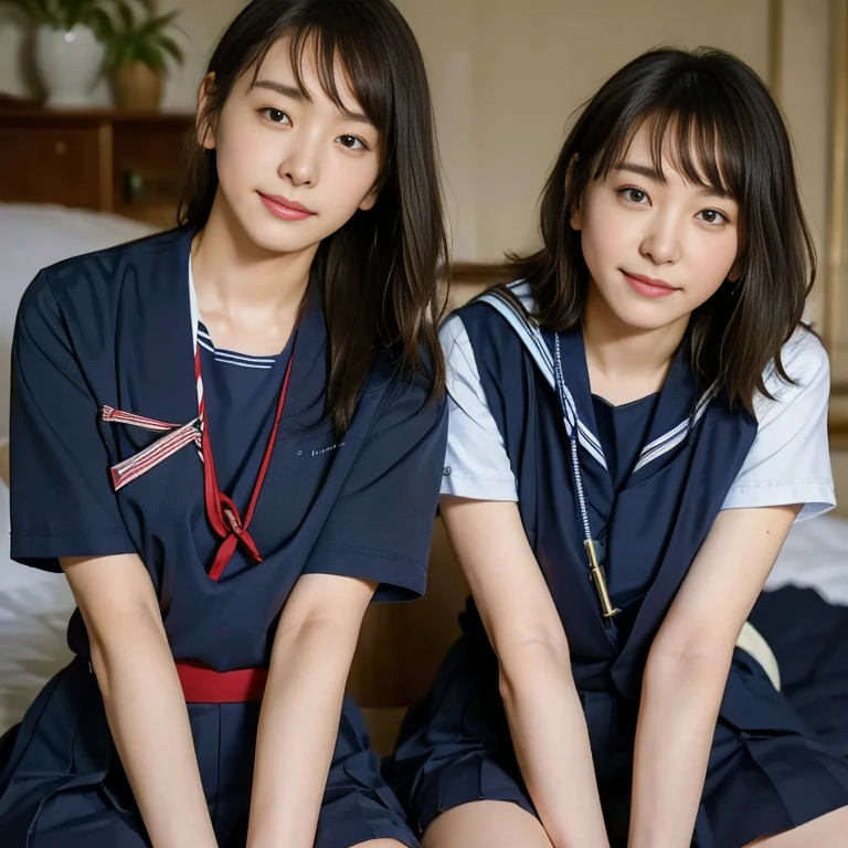 (Masterpiece, Best quality:1.4), (Ultra realistic, Photo-realistic:1.2), Natural light, 25 years old actress, Japanese women, Neat and clean, (school uniform, sailor suit, short sleeve suit:1.2), (traditional Japanese style with white and navy blue colors, detailed red ribbon and navy blue pleated skirt:1.1), (Ponytail:1.2), Short wavy hair, Light brown hair color, (Beautiful Faces), Oval face, clear, (Beautiful eyes, Kind eyes), (Clear skin), Small face, (Small mouth), (Beautiful mouth), Natural makeup, Approachable, Luxury hotel Suite room, On bed, Seductive smile, (Seductive pose:1.2), (Beautiful thighs:1.1), (Bedroom eyes), (nsfw:1.1), (lesbian couple:1.1), (petting together:1.2), obscene reality of girls, (crotch rub:1.1),