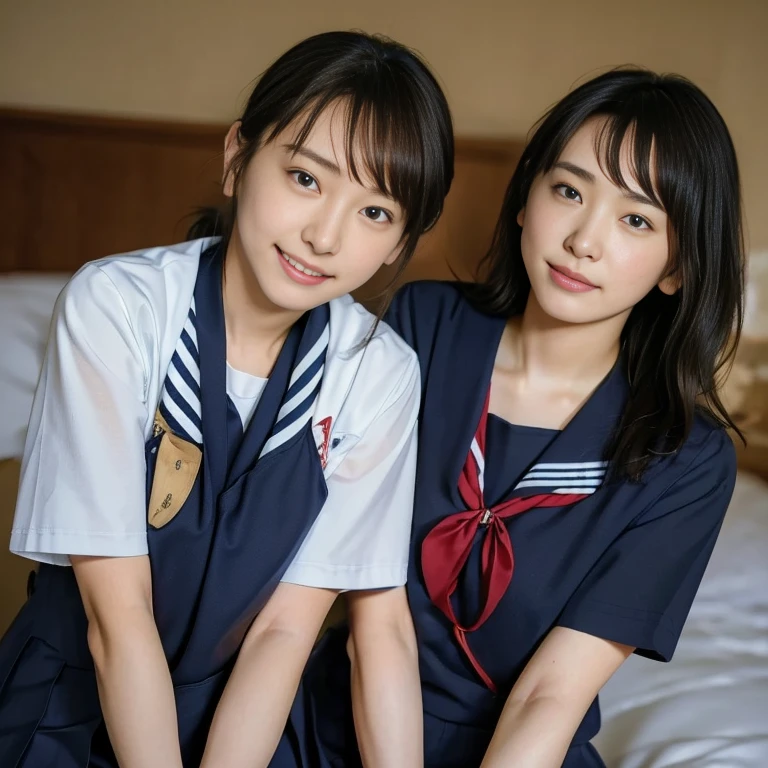 (Masterpiece, Best quality:1.4), (Ultra realistic, Photo-realistic:1.2), Natural light, 25 years old actress, Japanese women, Neat and clean, (school uniform, sailor suit, short sleeve suit:1.2), (traditional Japanese style with white and navy blue colors, detailed red ribbon and navy blue pleated skirt:1.1), (Ponytail:1.2), Short wavy hair, Light brown hair color, (Beautiful Faces), Oval face, clear, (Beautiful eyes, Kind eyes), (Clear skin), Small face, (Small mouth), (Beautiful mouth), Natural makeup, Approachable, Luxury hotel Suite room, On bed, Seductive smile, (Seductive pose:1.2), (Beautiful thighs:1.1), (Bedroom eyes), (nsfw:1.1), (lesbian couple:1.1), (petting together:1.2), obscene reality of girls, (crotch rub:1.1),