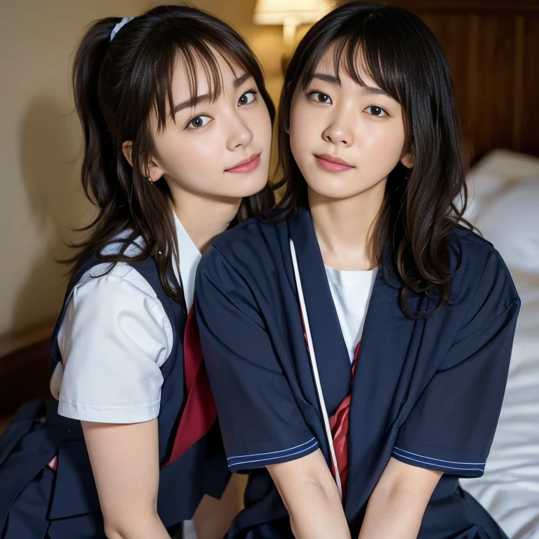 (Masterpiece, Best quality:1.4), (Ultra realistic, Photo-realistic:1.2), Natural light, 25 years old actress, Japanese women, Neat and clean, (school uniform, sailor suit, short sleeve suit:1.2), (traditional Japanese style with white and navy blue colors, detailed red ribbon and navy blue pleated skirt:1.1), (Ponytail:1.2), Short wavy hair, Light brown hair color, (Beautiful Faces), Oval face, clear, (Beautiful eyes, Kind eyes), (Clear skin), Small face, (Small mouth), (Beautiful mouth), Natural makeup, Approachable, Luxury hotel Suite room, On bed, Seductive smile, (Seductive pose:1.2), (Beautiful thighs:1.1), (Bedroom eyes), (nsfw:1.1), (lesbian couple:1.1), (petting together:1.2), obscene reality of girls, (crotch rub:1.1),