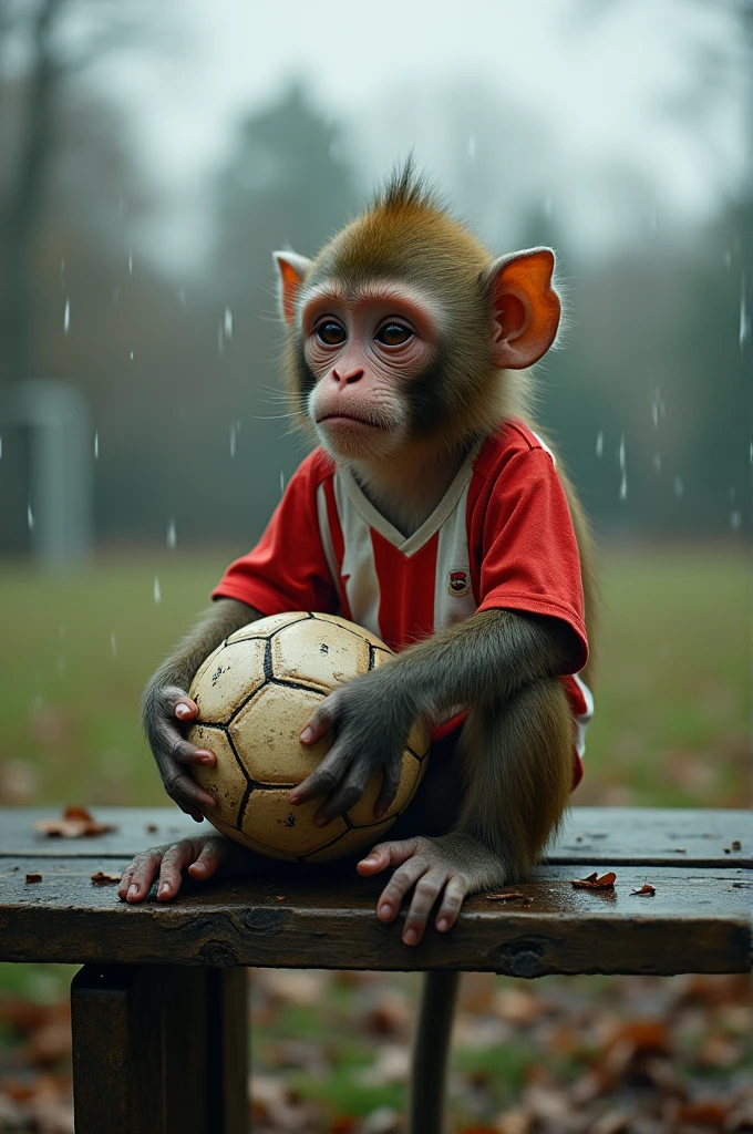 Make a monkey wearing sad soccer clothes