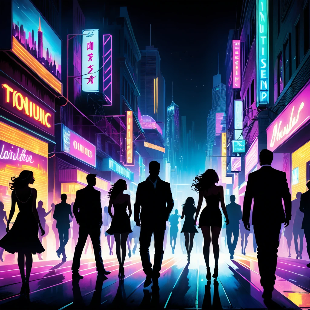 A vibrant and electrifying cityscape at night, filled with neon lights and blurred city lights that rush past as if in a fast-paced dream. The atmosphere is charged with energy, with bright neon signs glowing in various colors, casting a surreal light across the scene. The streets are alive with the pulsing rhythms of the city, where shadows dance to the beat of the music. In the foreground, silhouettes of people are dancing, their movements reflecting the beat that echoes off the buildings. The night sky is illuminated by the neon haze, and the overall mood is one of excitement, , and the unstoppable energy of the nightlife. The scene captures the essence of being lost in the music and the vibrant energy of the city at night